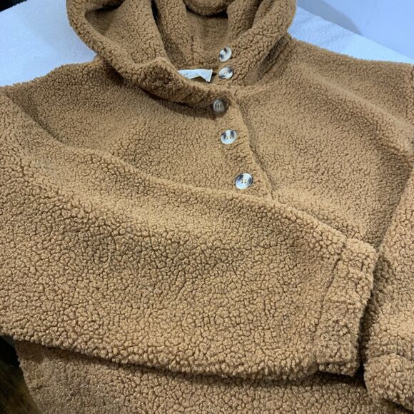 Camel Teddy Hoodie Two Pocket Sweater Womens Size Large Sherpa Jacket - Picture 5 of 7